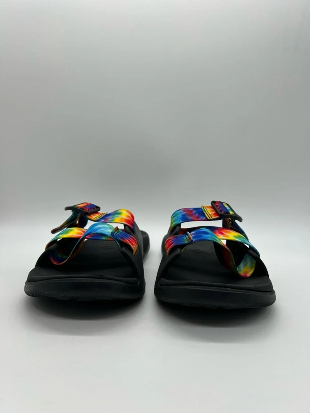 Chaco Women's Black Chillo Sandals with Rainbow Tie-Dye Straps